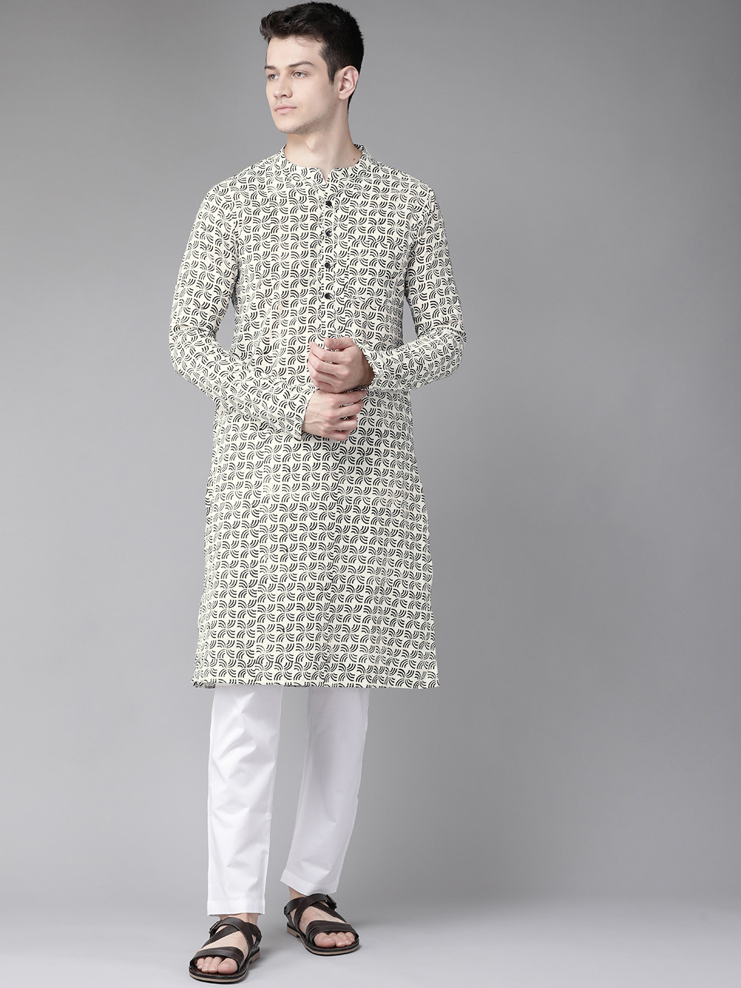 

See Designs Men White & Black Ethnic Motifs Pure Cotton Block Print Handloom Kurta