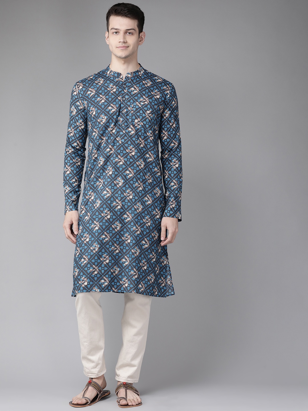 

See Designs Men Blue & Grey Floral Block Print Cotton Sustainable Handloom Kurta