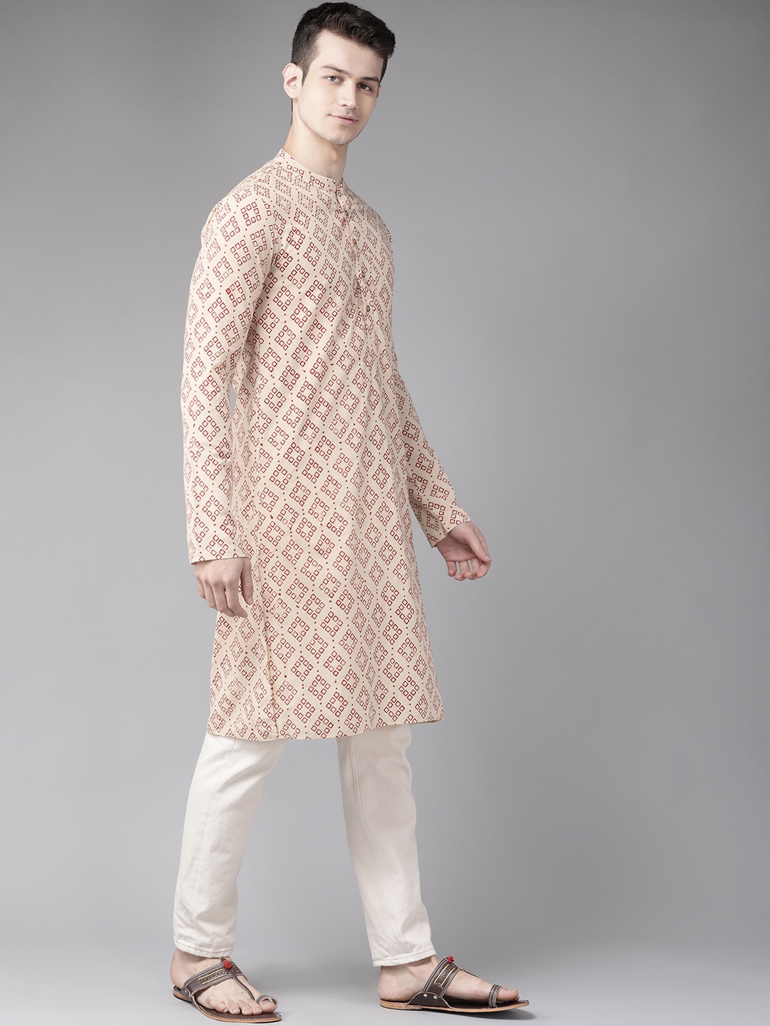 

See Designs Men Beige & Maroon Geometric Block Print Cotton Sustainable Handloom Kurta