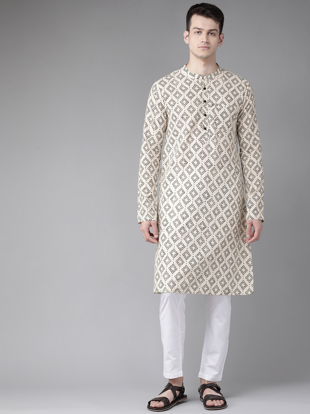 

See Designs Men Beige & Black Pure Cotton Block Print Handloom Kurta