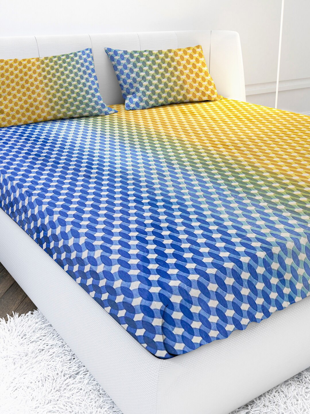 

MAYFAIR HOMES LONDON Yellow & Blue Geometric 104 TC Queen Bedsheet with 2 Pillow Covers