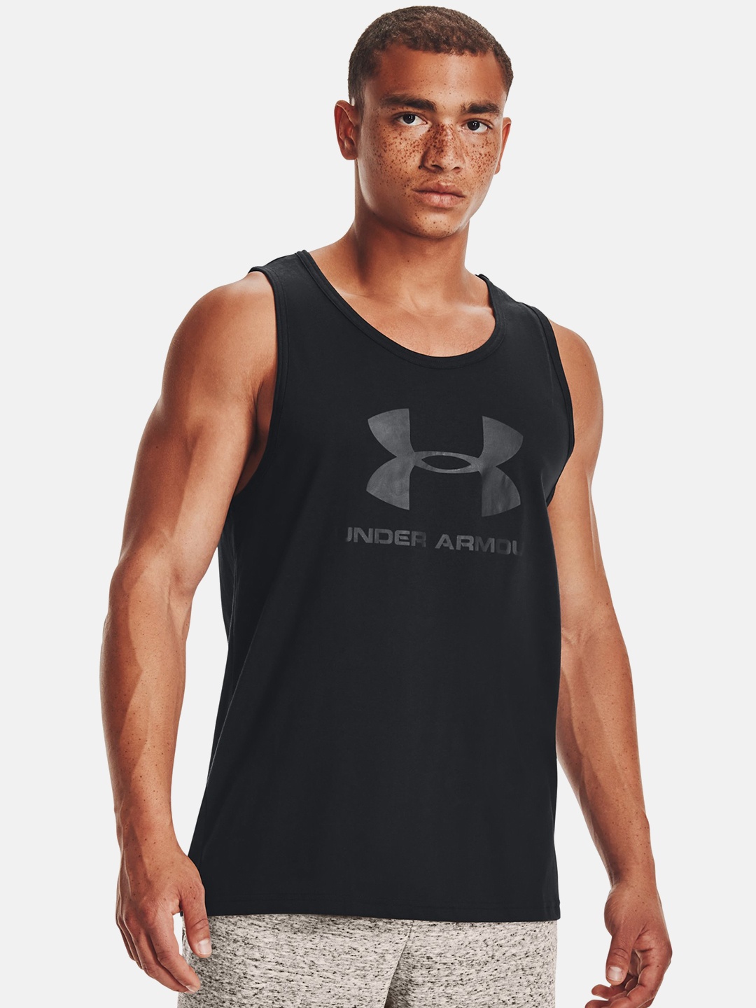 

UNDER ARMOUR Men Black Brand Logo Print Sportstyle Loose Tank T-shirt