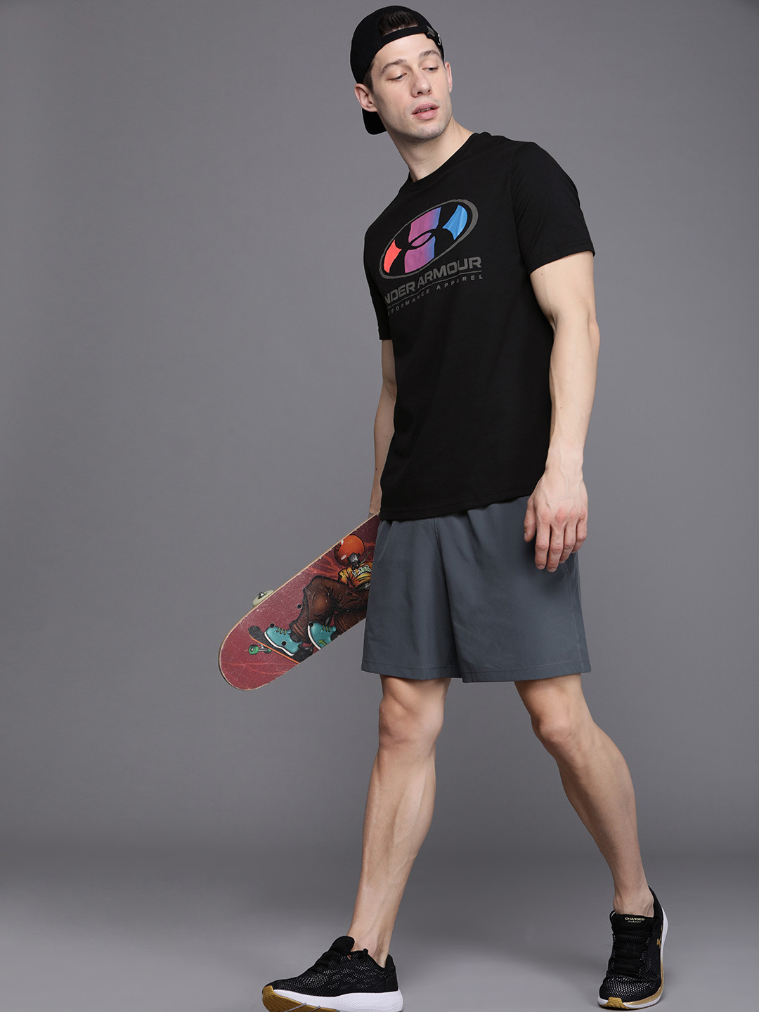 

UNDER ARMOUR Men Black Multicolor Lockertag Brand Logo Print Loose T-shirt