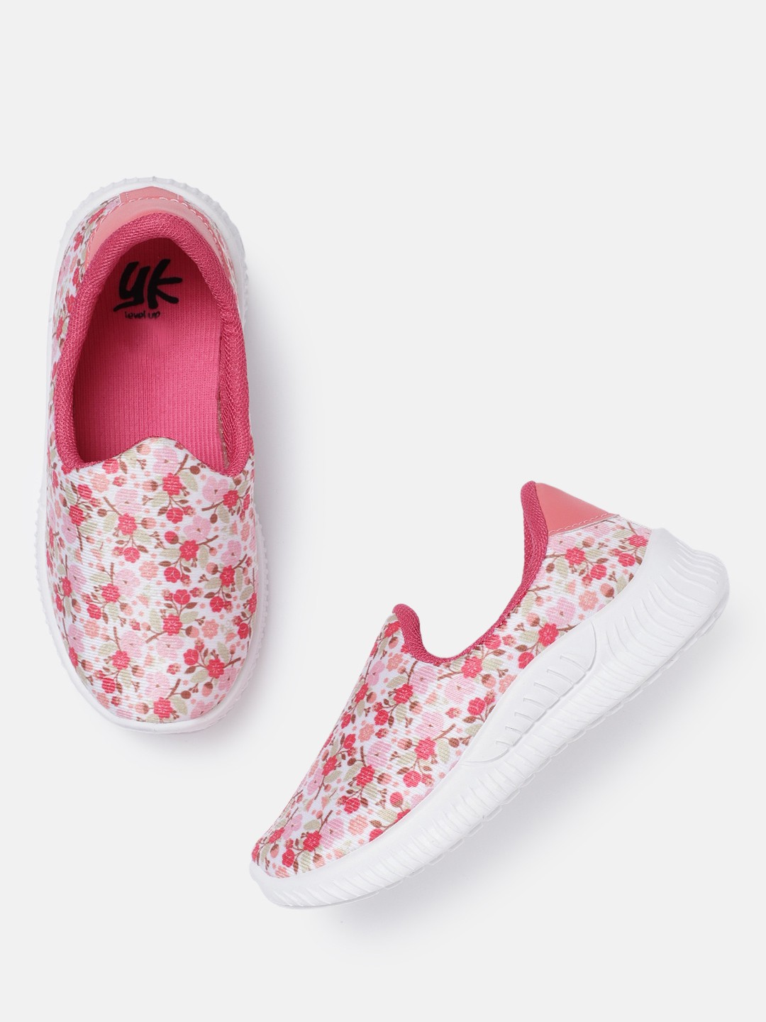 

YK Girls White & Pink Floral Print Slip-On Sneakers