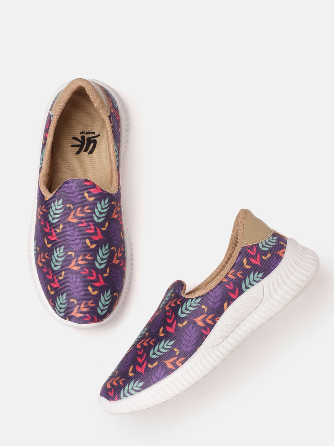 

YK Girls Purple & Sea Green Leaf Printed Slip-On Sneakers