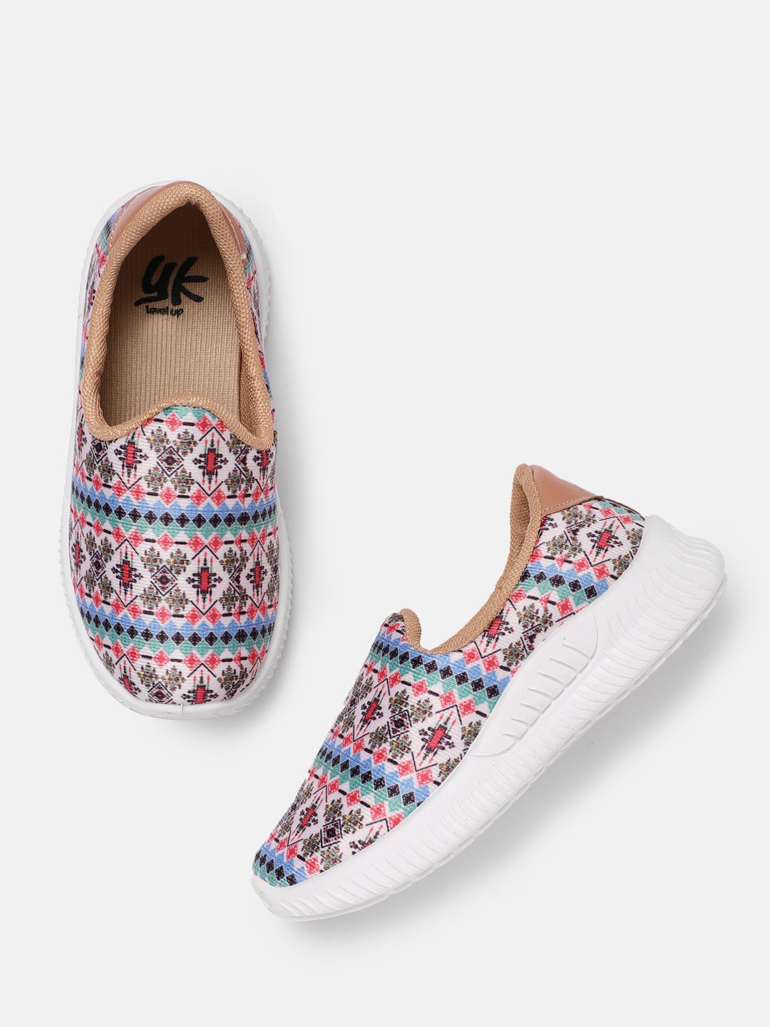 

YK Girls White & Red Aztec Print Wide Slip-On Sneakers