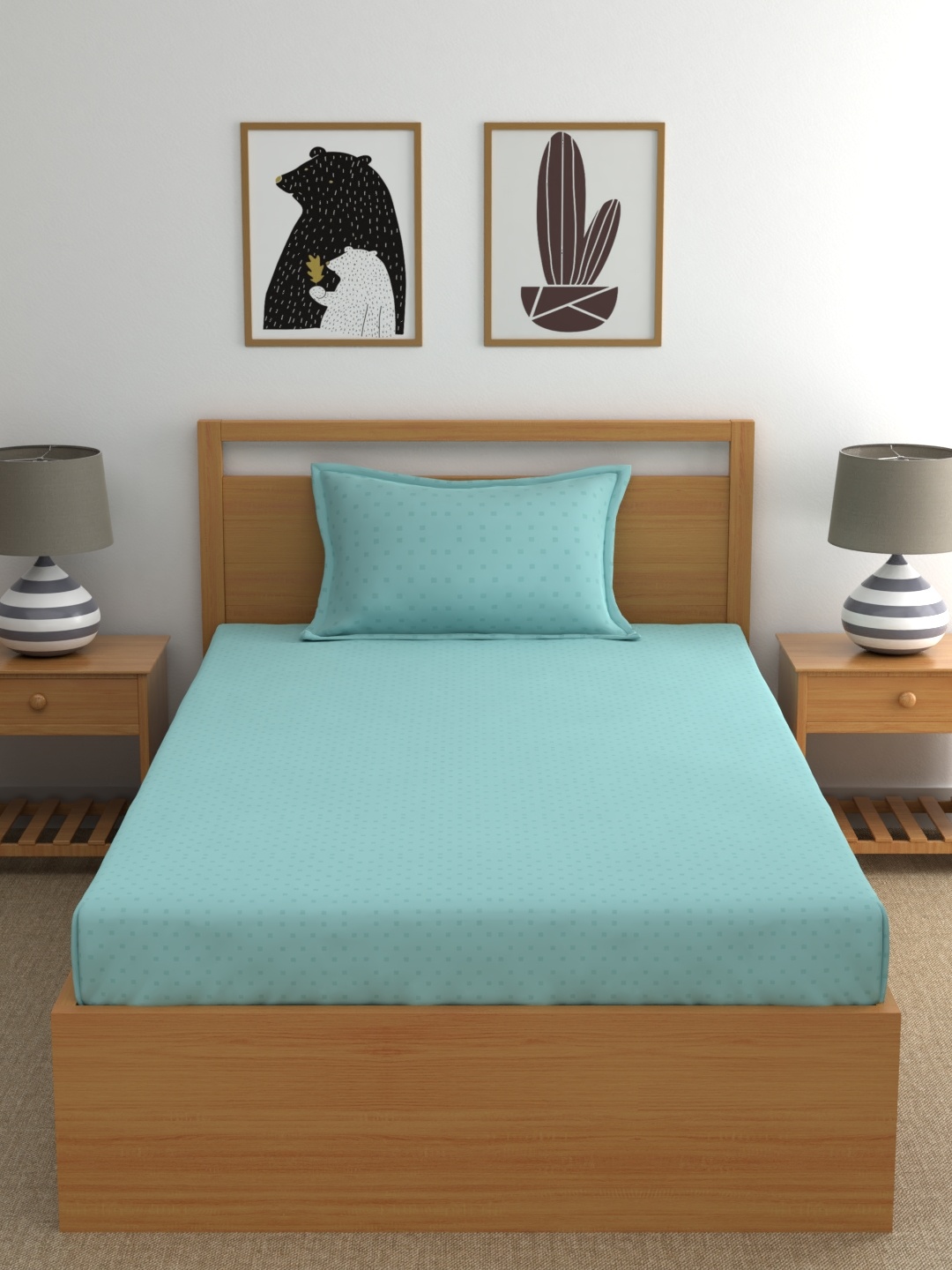 

BLUE DAHLIA Blue Geometric 300 TC Single Bedsheet with 1 Pillow Covers