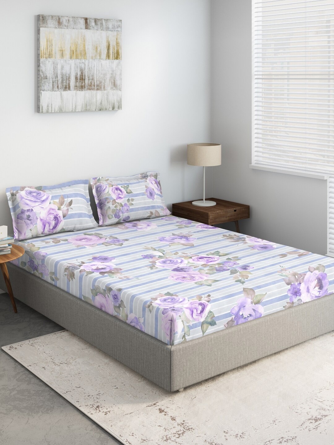 

DDecor Purple & White Floral 140 TC Queen Bedsheet with 2 Pillow Covers