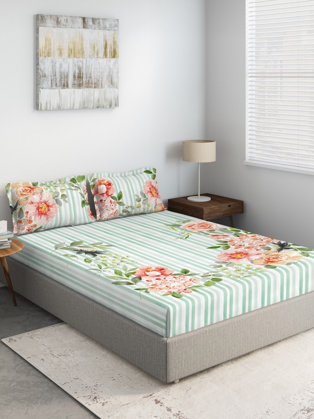 

DDecor Green & Pink Floral 140 TC Queen Bedsheet with 2 Pillow Covers