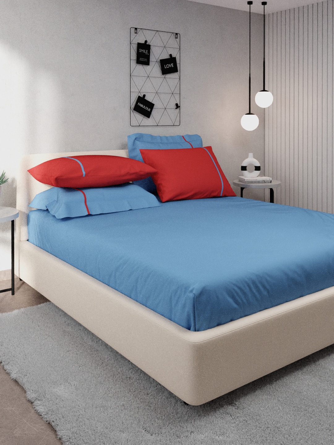 Stoa Paris Blue & Red Solid 144 TC Cotton King Size Bedsheet with 4 Pillow Covers
