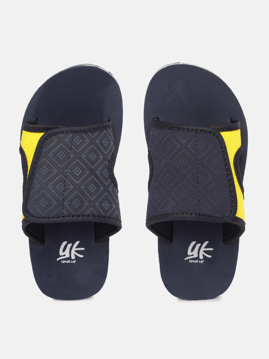 

YK Kids Navy Blue & Yellow Geometric Printed Sliders with Cut-Out Detail