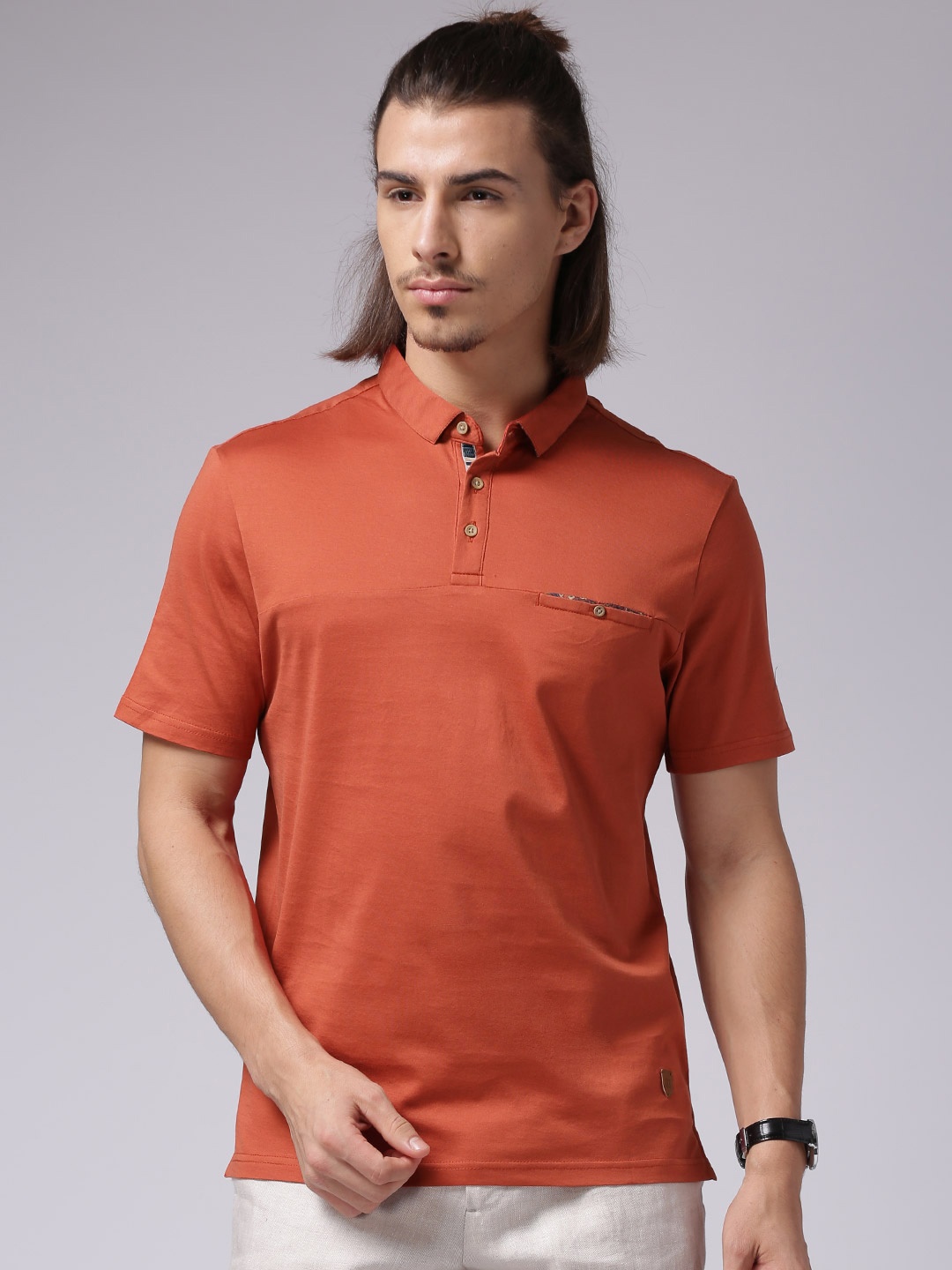

True Blue Men Orange Solid Polo Pure Cotton T-shirt