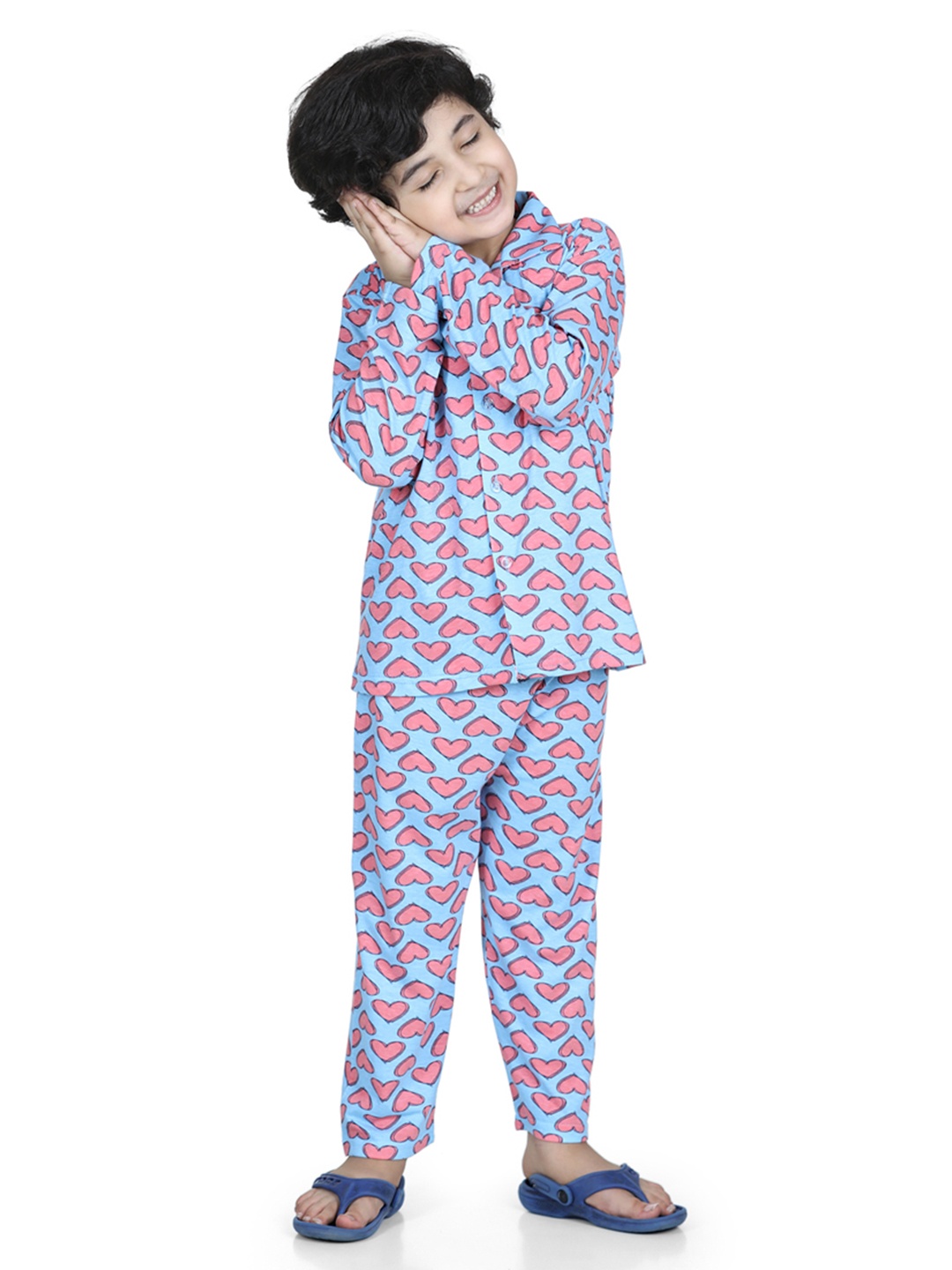 

Aj DEZInES Boys Turquoise Blue & Peach-Coloured Printed Night Suit