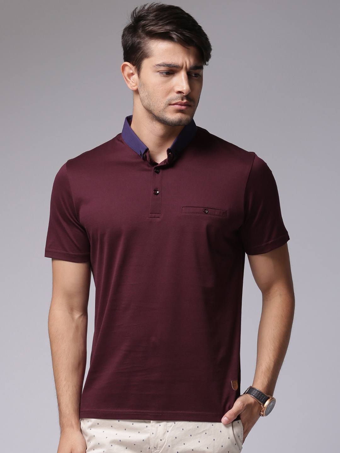 

True Blue Men Burgundy Solid Polo Pure Cotton T-shirt