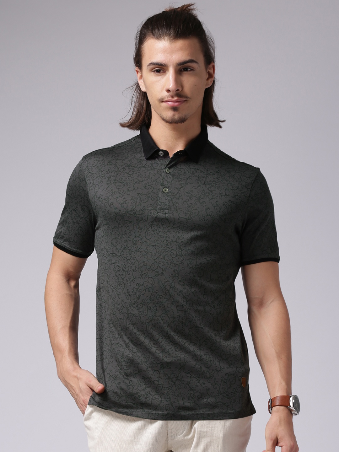 

True Blue Men Charcoal Grey Printed Polo Pure Cotton T-shirt