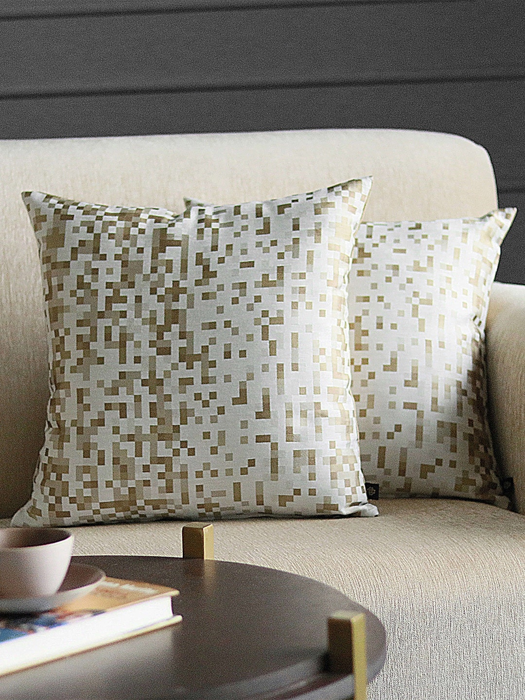 

GM Beige & White Set of 2 Geometric Square Cushion Covers