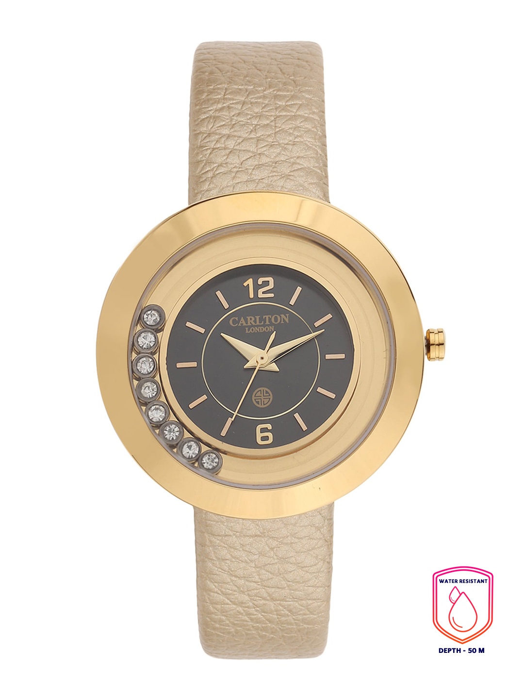 

Carlton London Women Black Brass Embellished Dial & Gold Toned Leather Textured Straps Analogue Watch