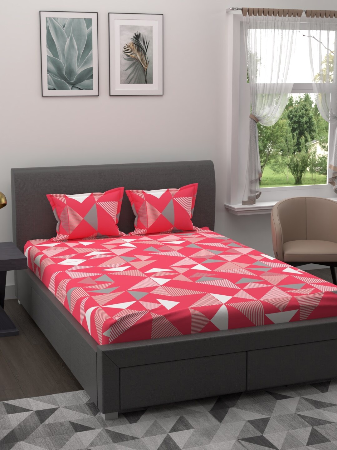 

BLUE DAHLIA Red & White Geometric 210 TC King Bedsheet with 2 Pillow Covers