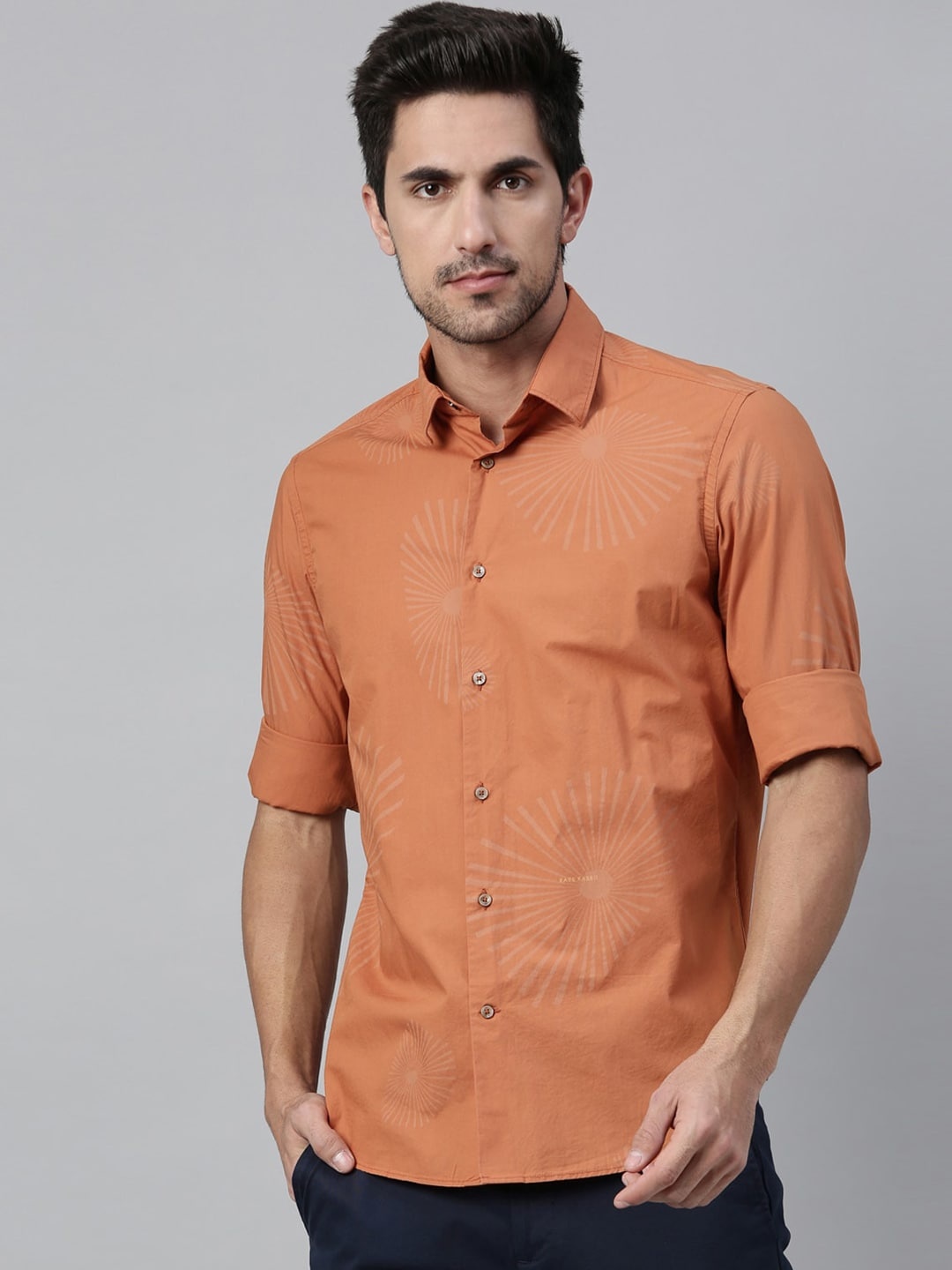 

RARE RABBIT Men Sunray Printed Cotton Shirt, Orange