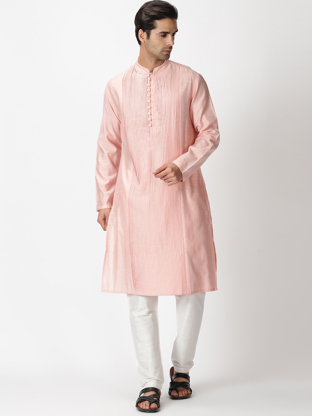 

Saffron Threads Men Pink Striped Kurta