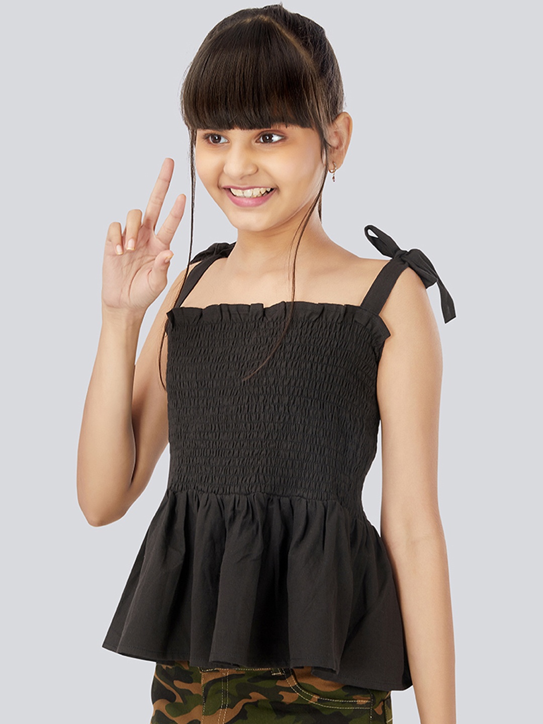 

Olele Black Smocked Regular Top