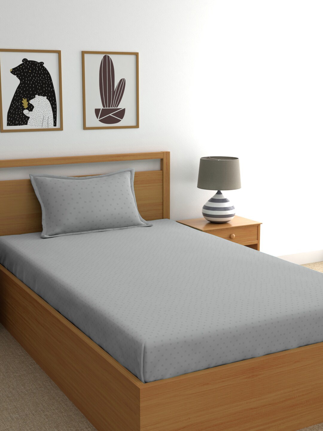 

BLUE DAHLIA Grey Geometric 300 TC Single Bedsheet with 1 Pillow Covers