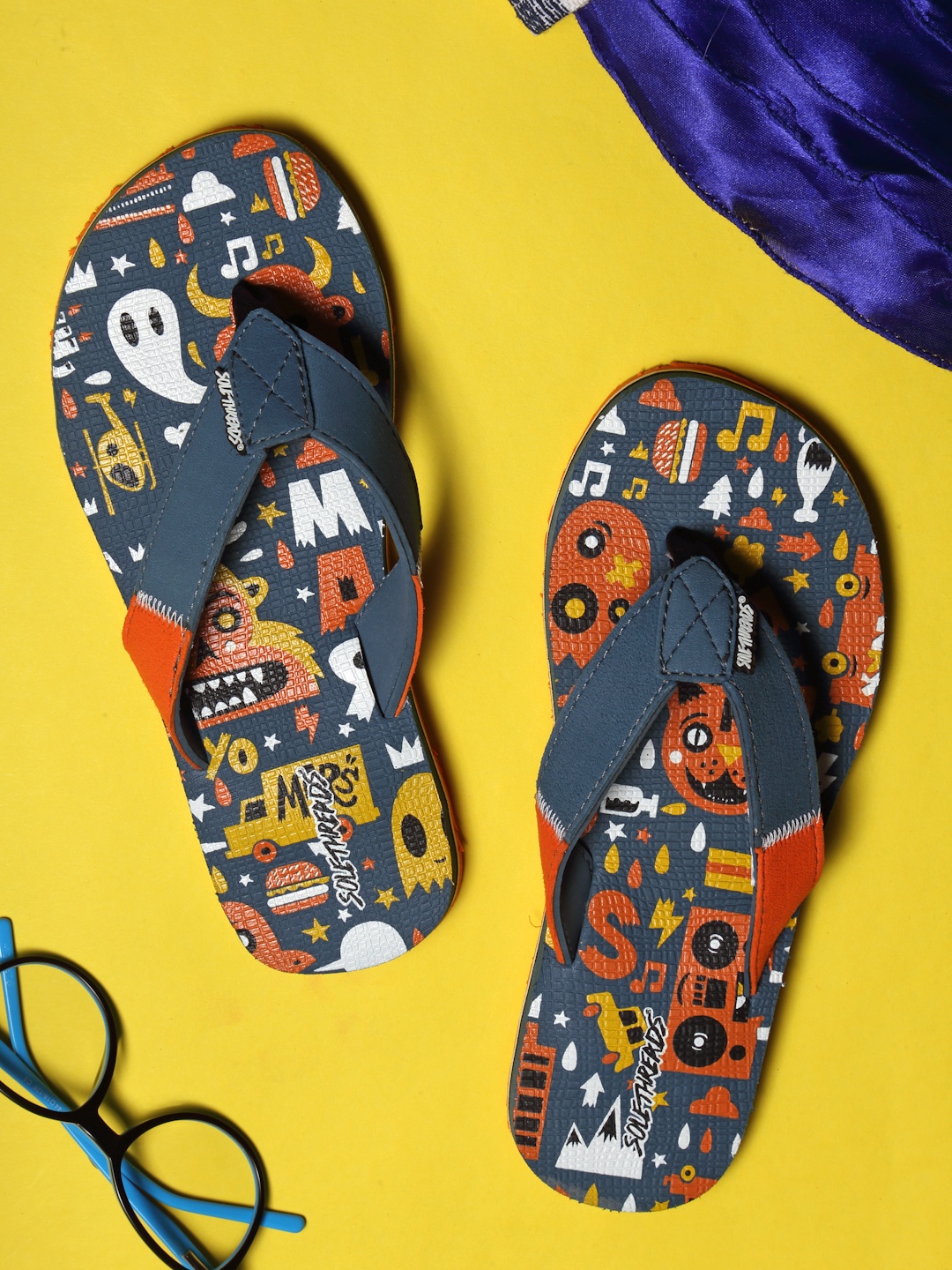 

Solethreads Kids Navy Blue & Orange Printed Thong Flip-Flops