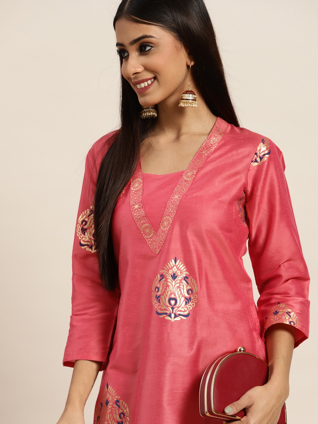 

Sangria Women Pink & Golden Ethnic Motifs Printed A-Line Kurta