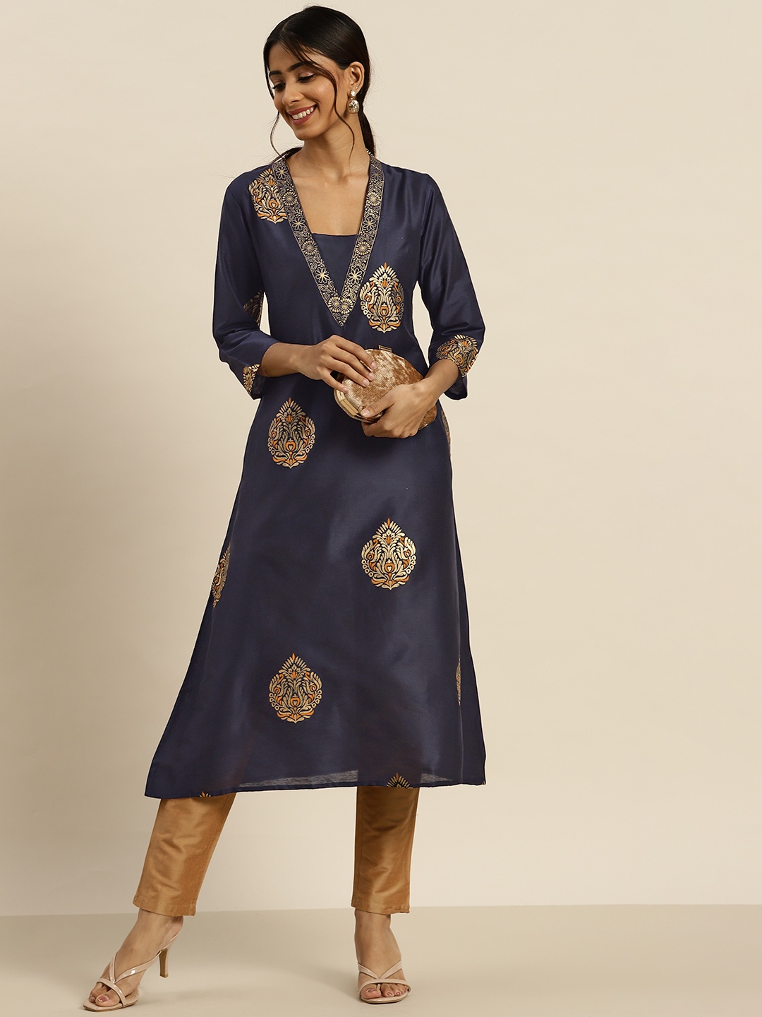 

Sangria Women Navy Blue & Golden Ethnic Motifs Printed Kurta