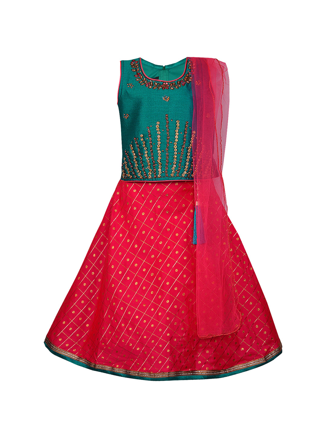 

Wish Karo Girls Green & Red Embellished Ready to Wear Lehenga & Blouse With Dupatta