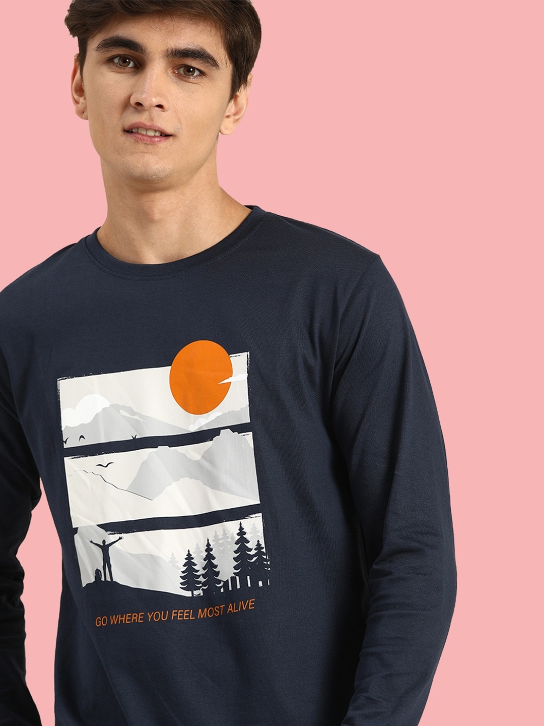 

Bewakoof Men Navy Blue Printed Cotton Pure Cotton T-shirt