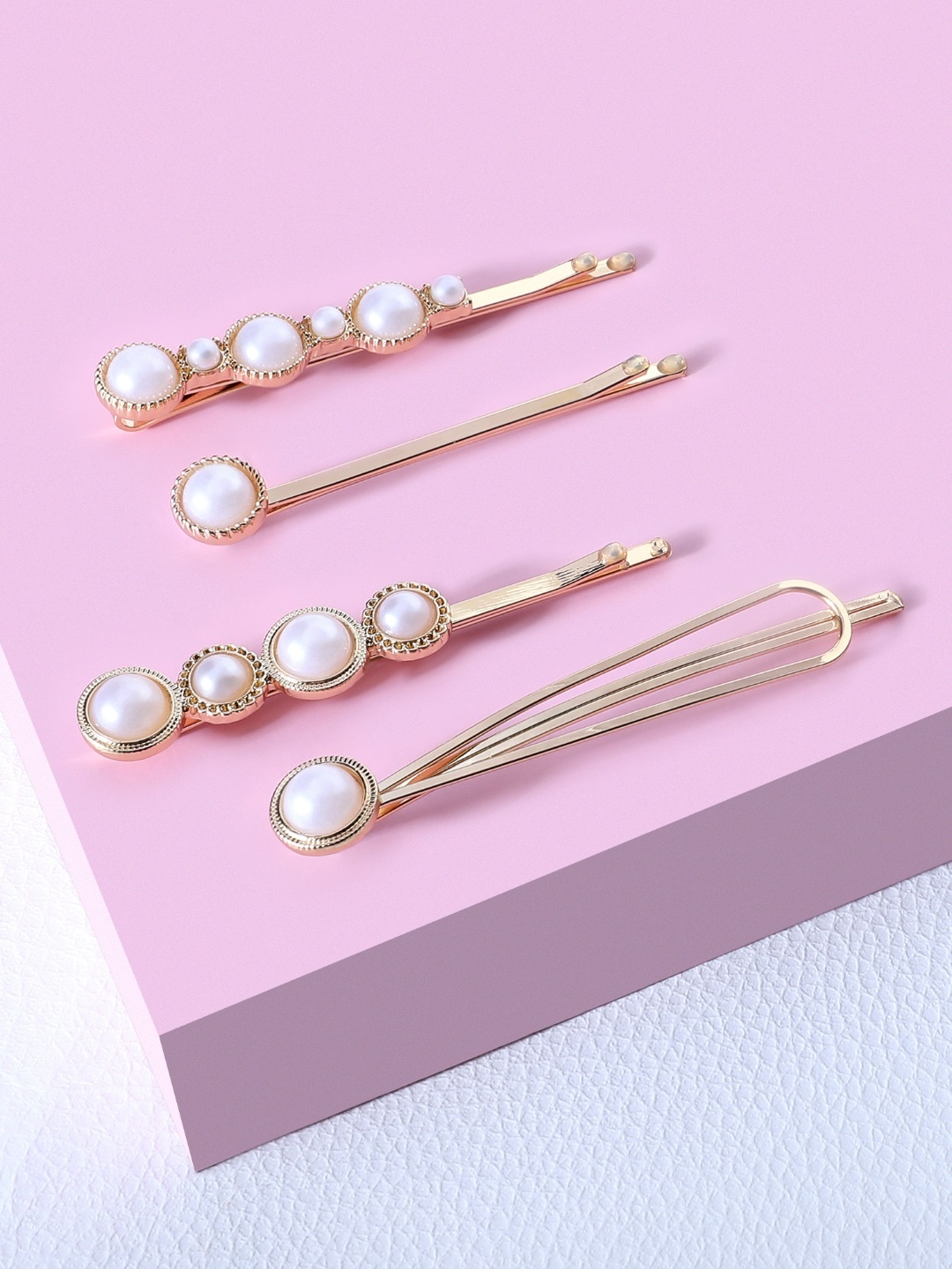 

AMI Women Gold-Toned & White Set of 4 Embellished Bobby Pins