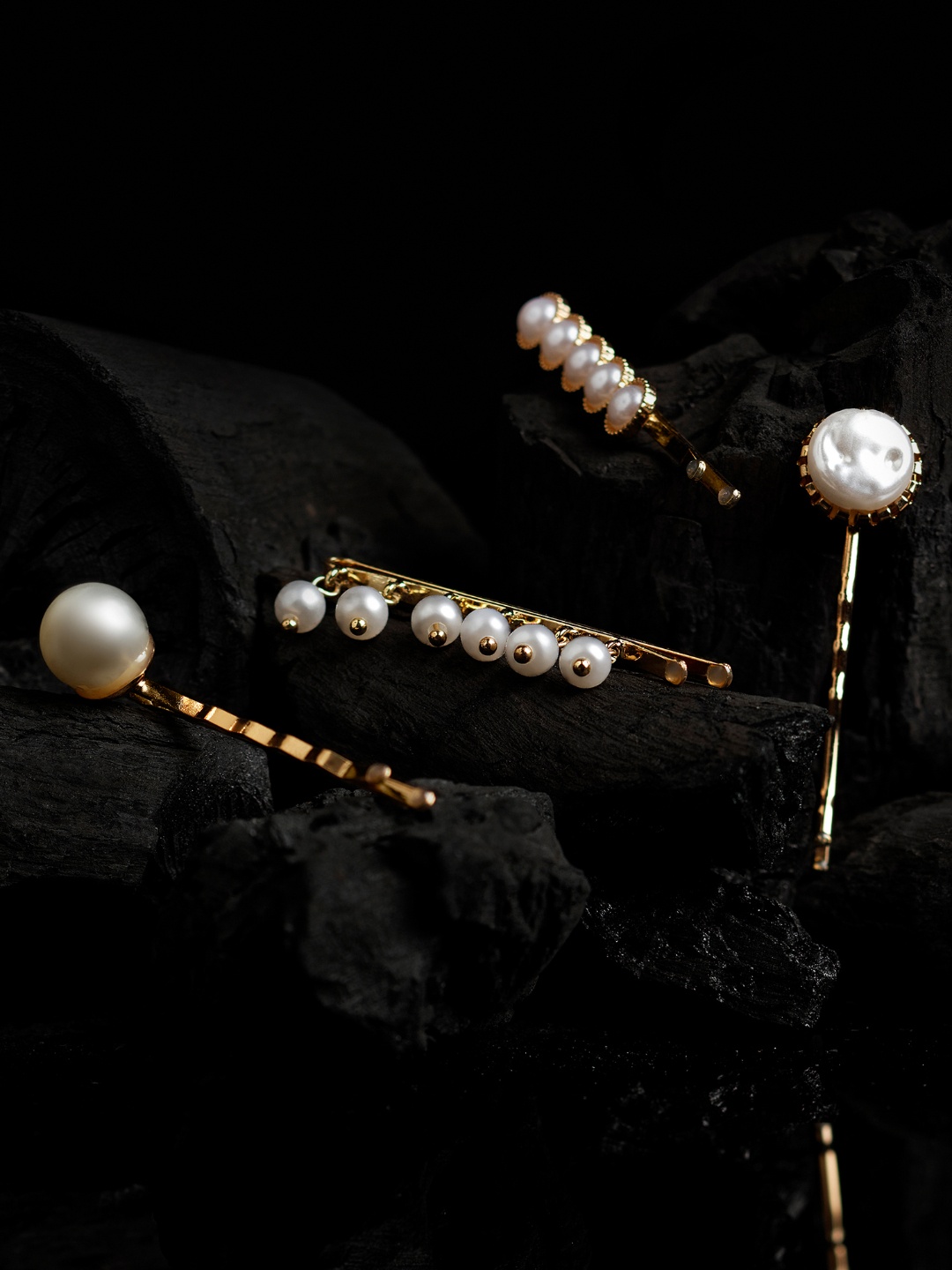 

AMI Women Gold & White Set of 4 Embellished Bobby Pins