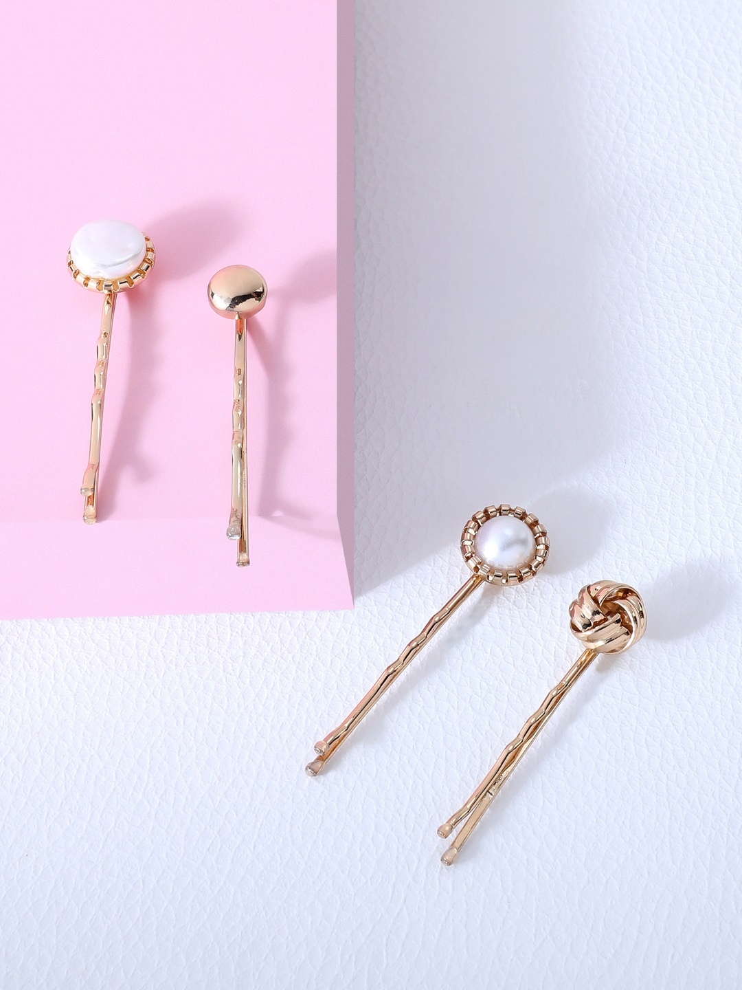 

AMI Women Gold & White Set of 4 Embellished Bobby Pins