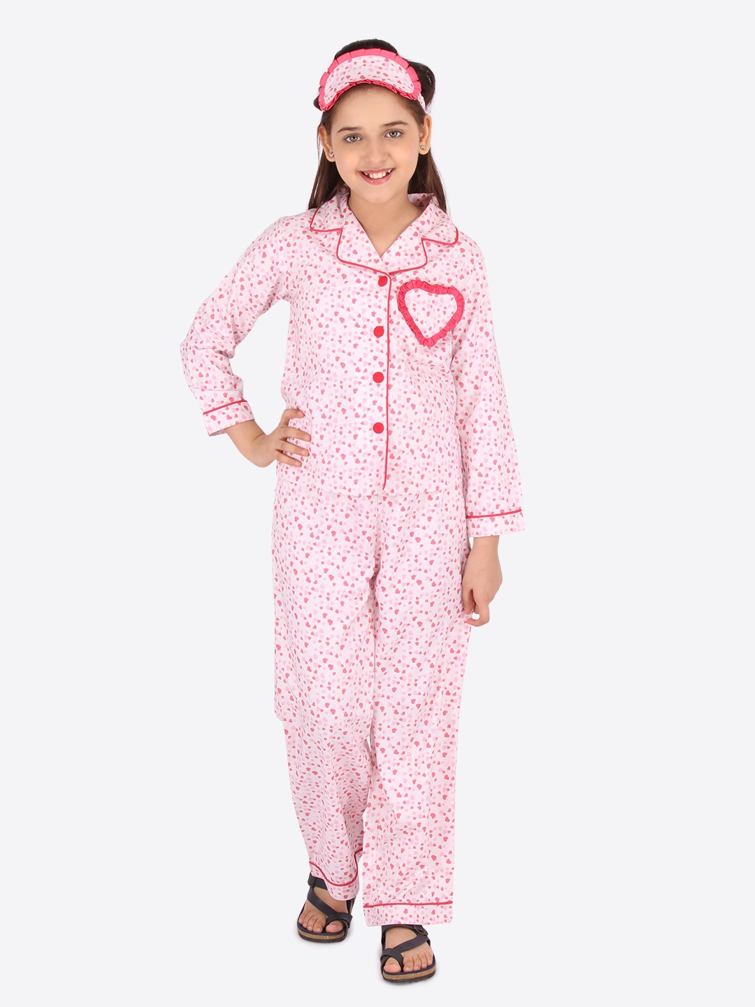 

CUTECUMBER Girls Pink & Red Heart Printed Night suit with Eye Mask