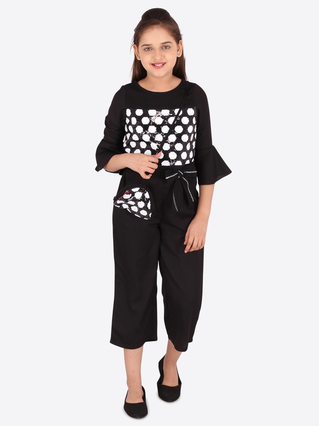 

CUTECUMBER Girls Black & White Printed Basic Jumpsuit with Sequined