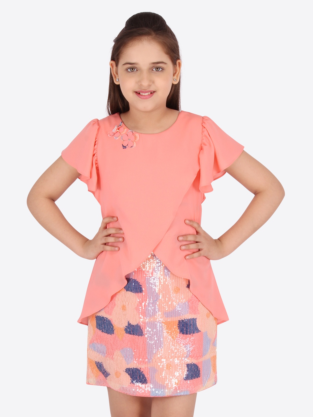 

CUTECUMBER Coral Pink & Blue Georgette Sheath Dress