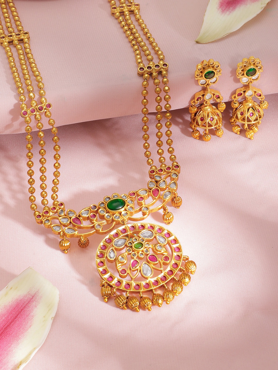 

Rubans Gold-Plated Beige & Green Stone-Studded Handcrafted Jewellery Set