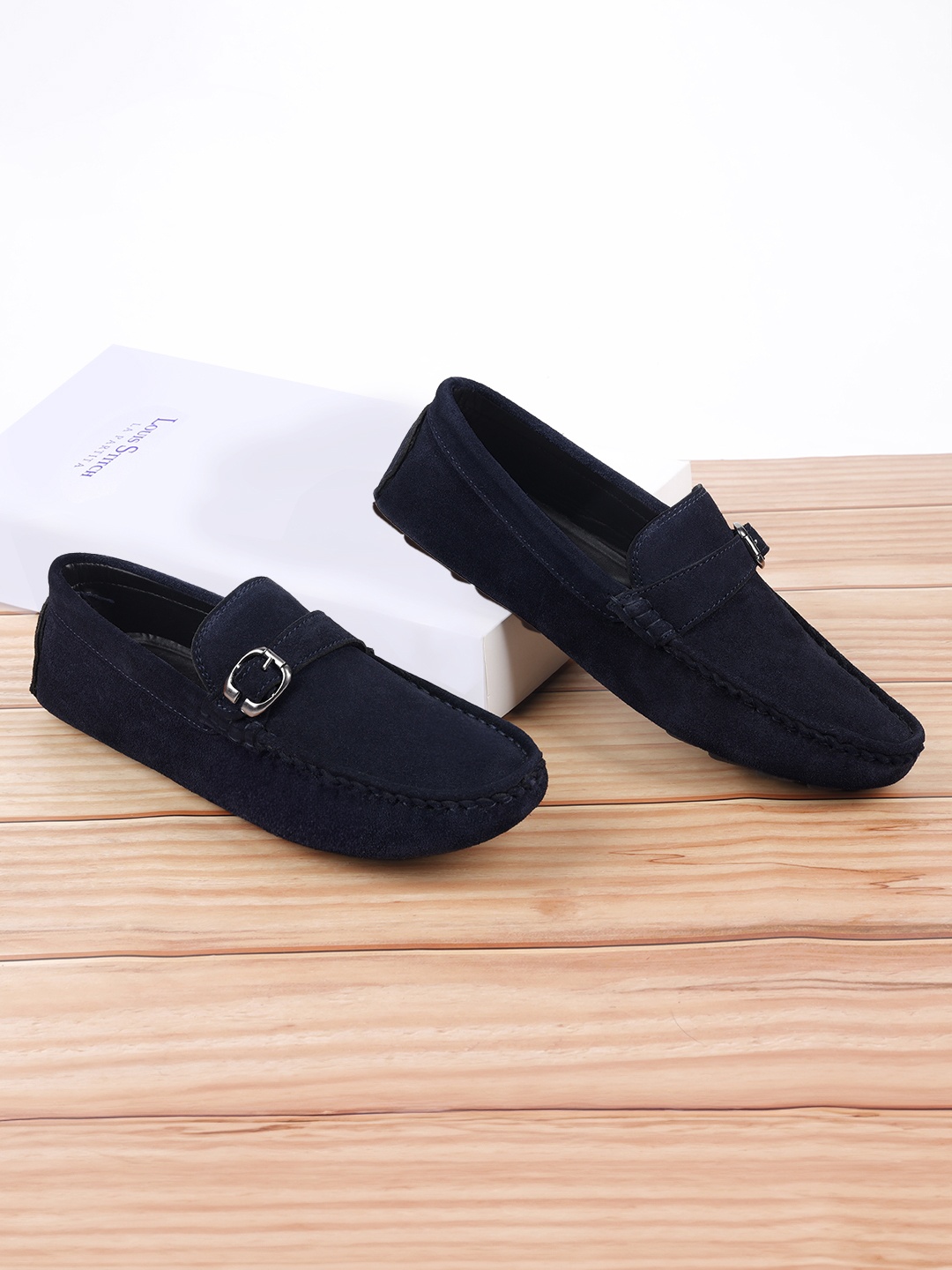 

Louis Stitch Men Prussian Blue Italian Suede Leather Handmade Driving Loafers, Navy blue