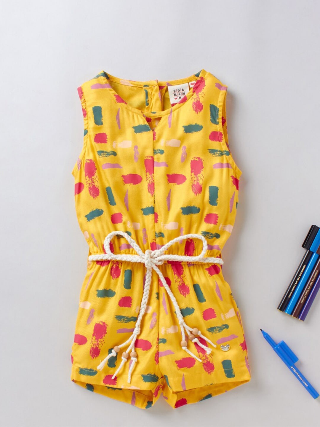 

Ed-a-Mamma Girls Yellow & Pink Printed Sustainable Jumpsuit