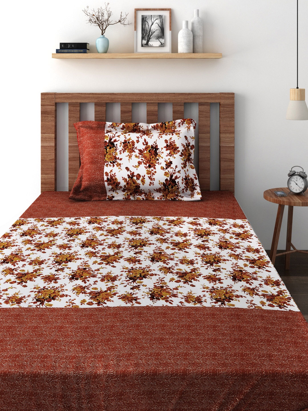 

SWAYAM Off-White & Brown Fine Cotton 180 TC Single Bedsheet with 1 Pillow Cover