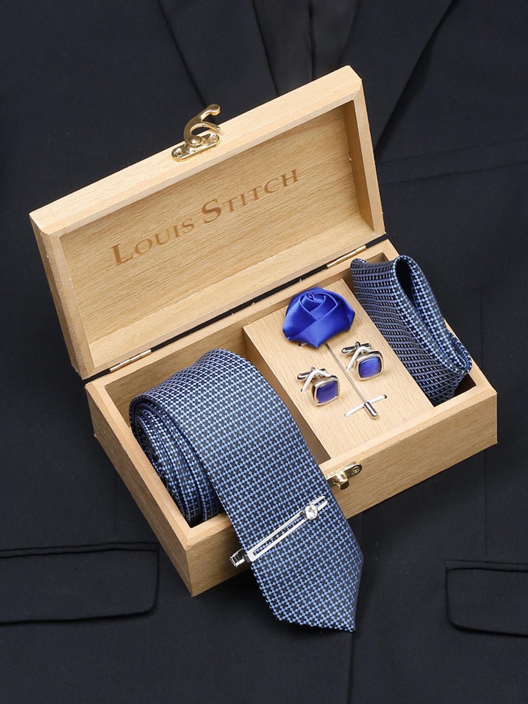 

LOUIS STITCH Men's Royal Blue Italian Silk Necktie Accessory Gift Set