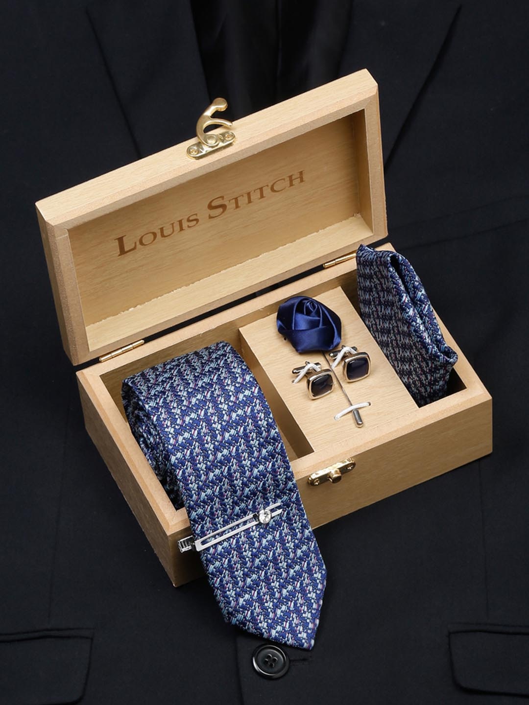 

LOUIS STITCH Men Italian Silk Necktie Accessory Gift Set, Blue