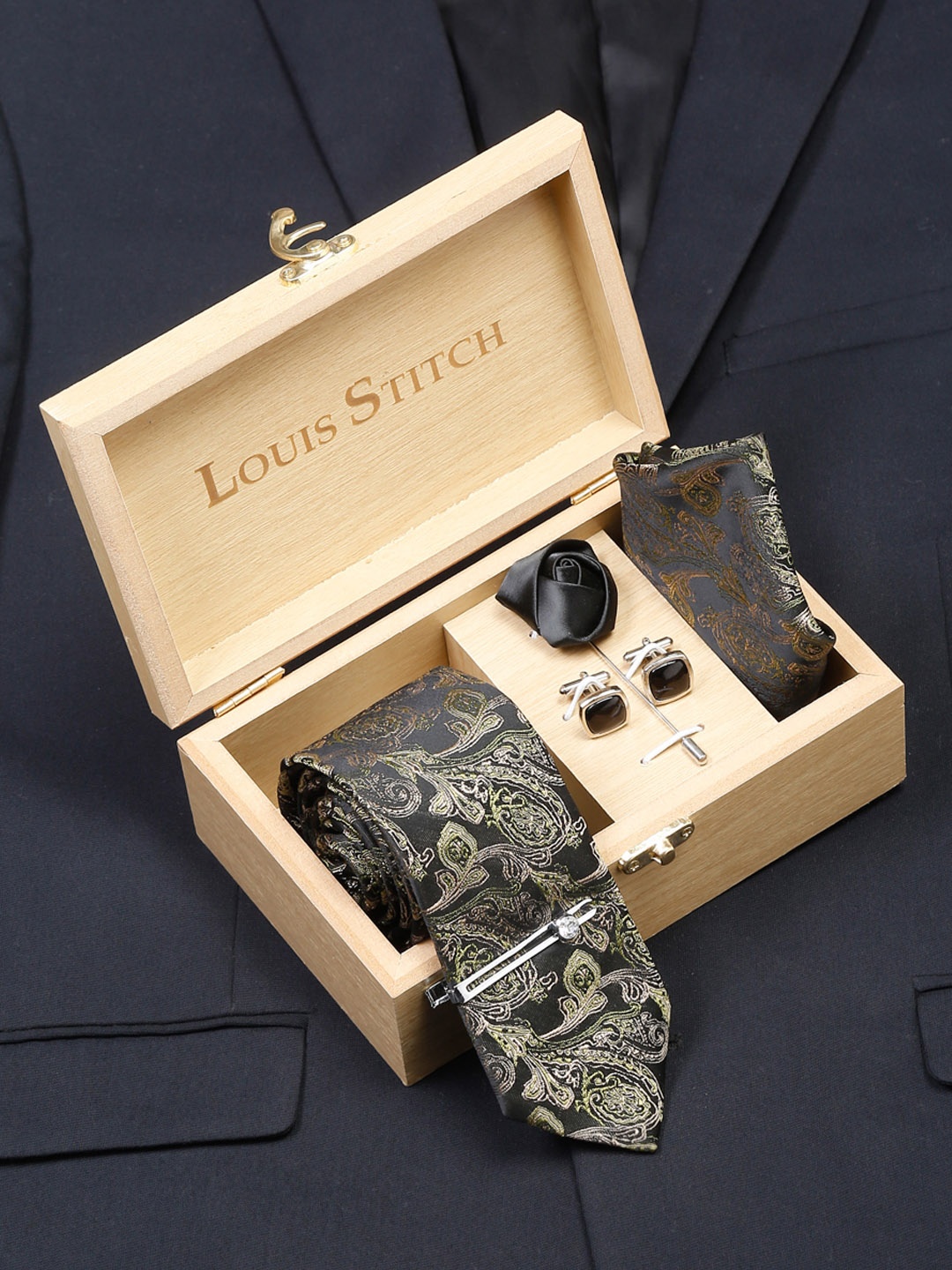 

LOUIS STITCH Men Italian Silk Necktie Accessory Gift Set, Green