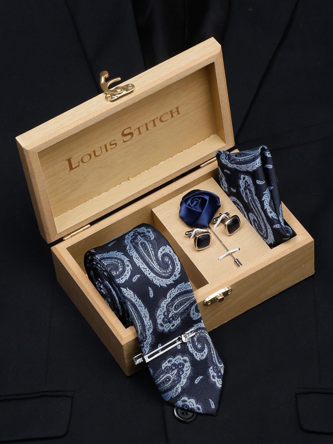 

LOUIS STITCH Men Silk Necktie Accessory Gift Set, Black