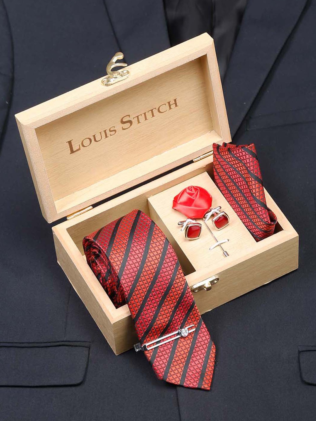 

LOUIS STITCH Men Italian Silk Necktie Accessory Gift Set, Red