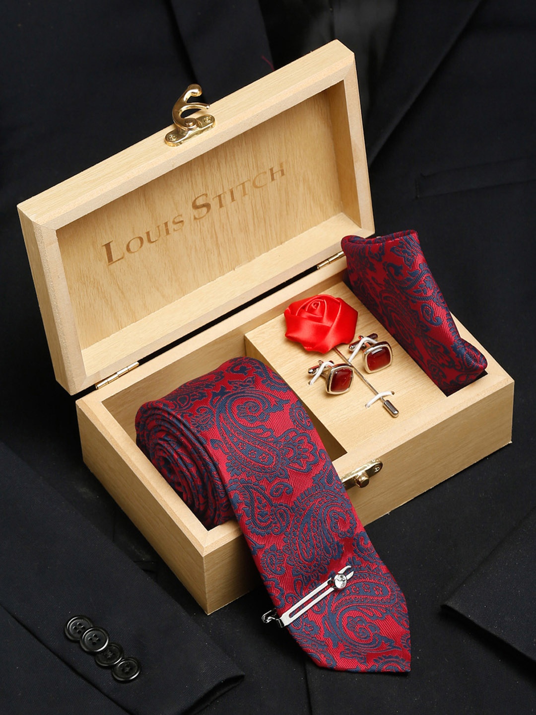 

LOUIS STITCH Men Italian Silk Necktie Accessory Gift Set, Red