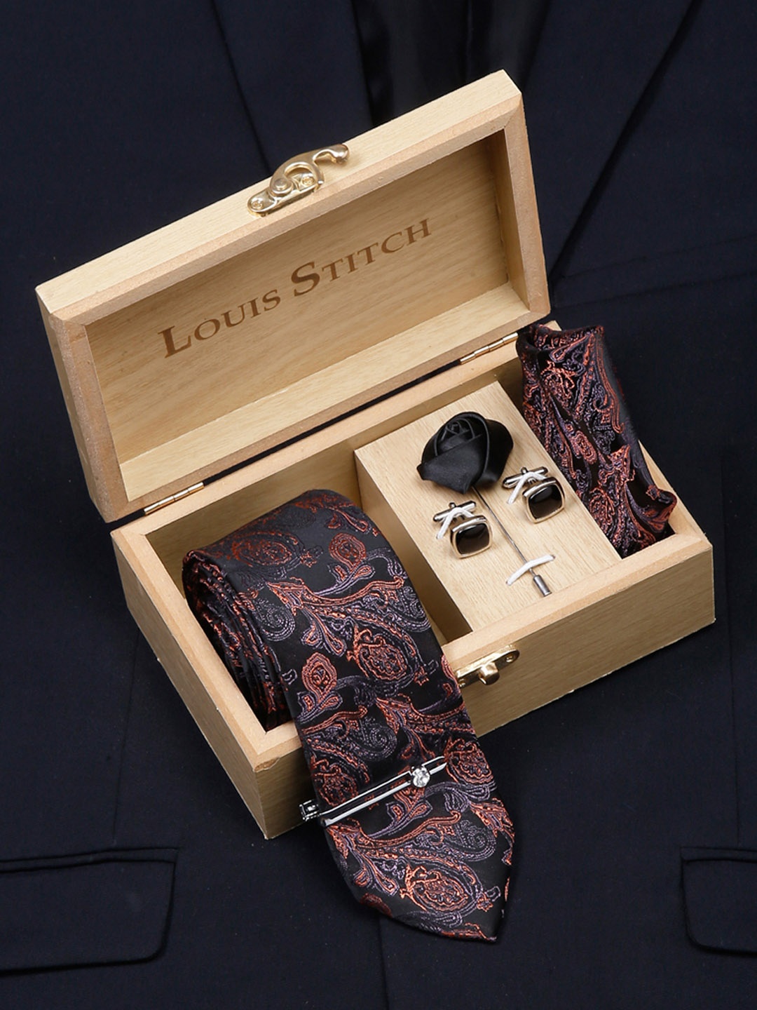 

LOUIS STITCH Men Brown Floral Printed Italian Silk Necktie Accessory Gift Set