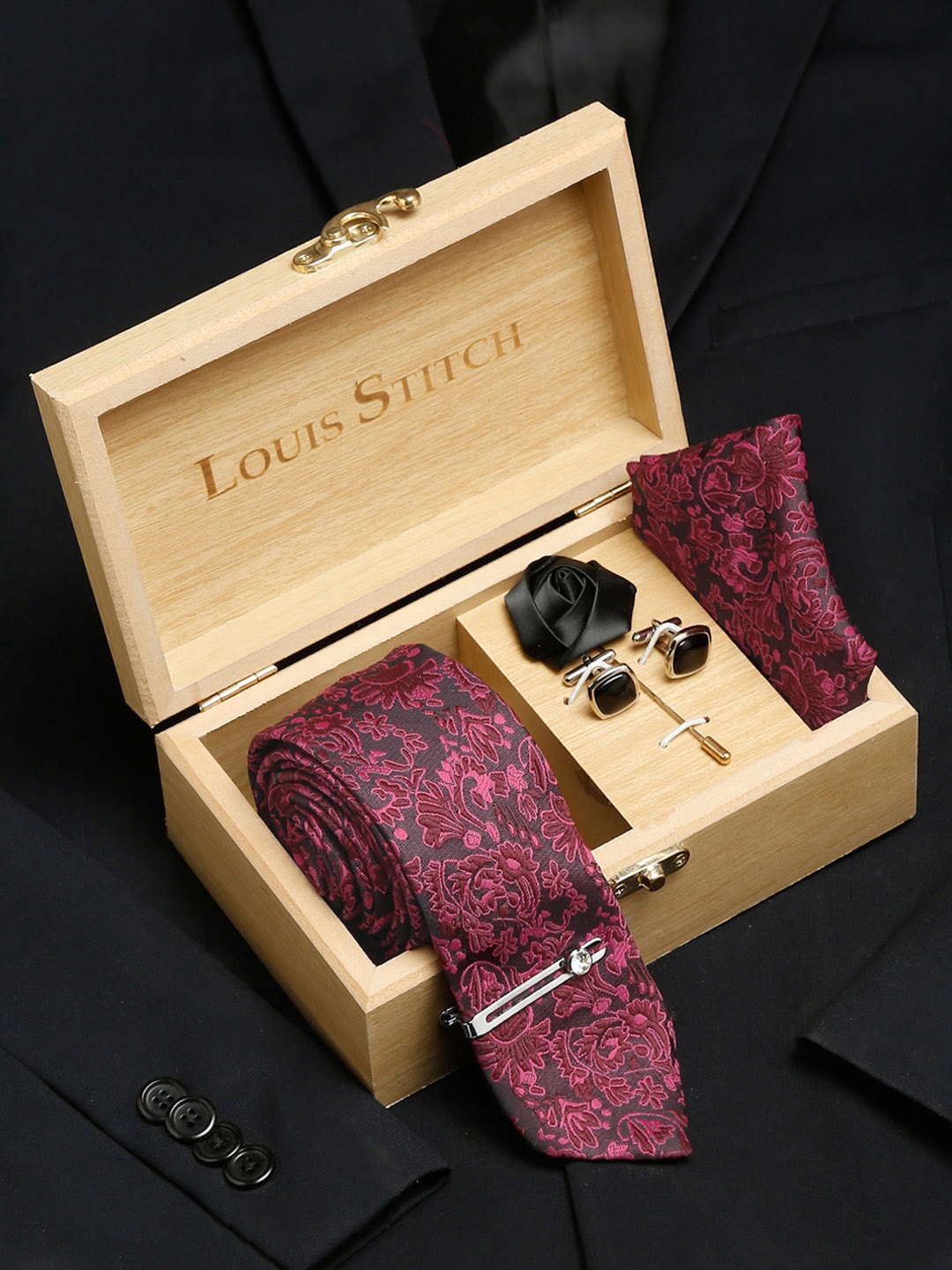 

LOUIS STITCH Men Burgundy Italian Silk Necktie Accessory Gift Set