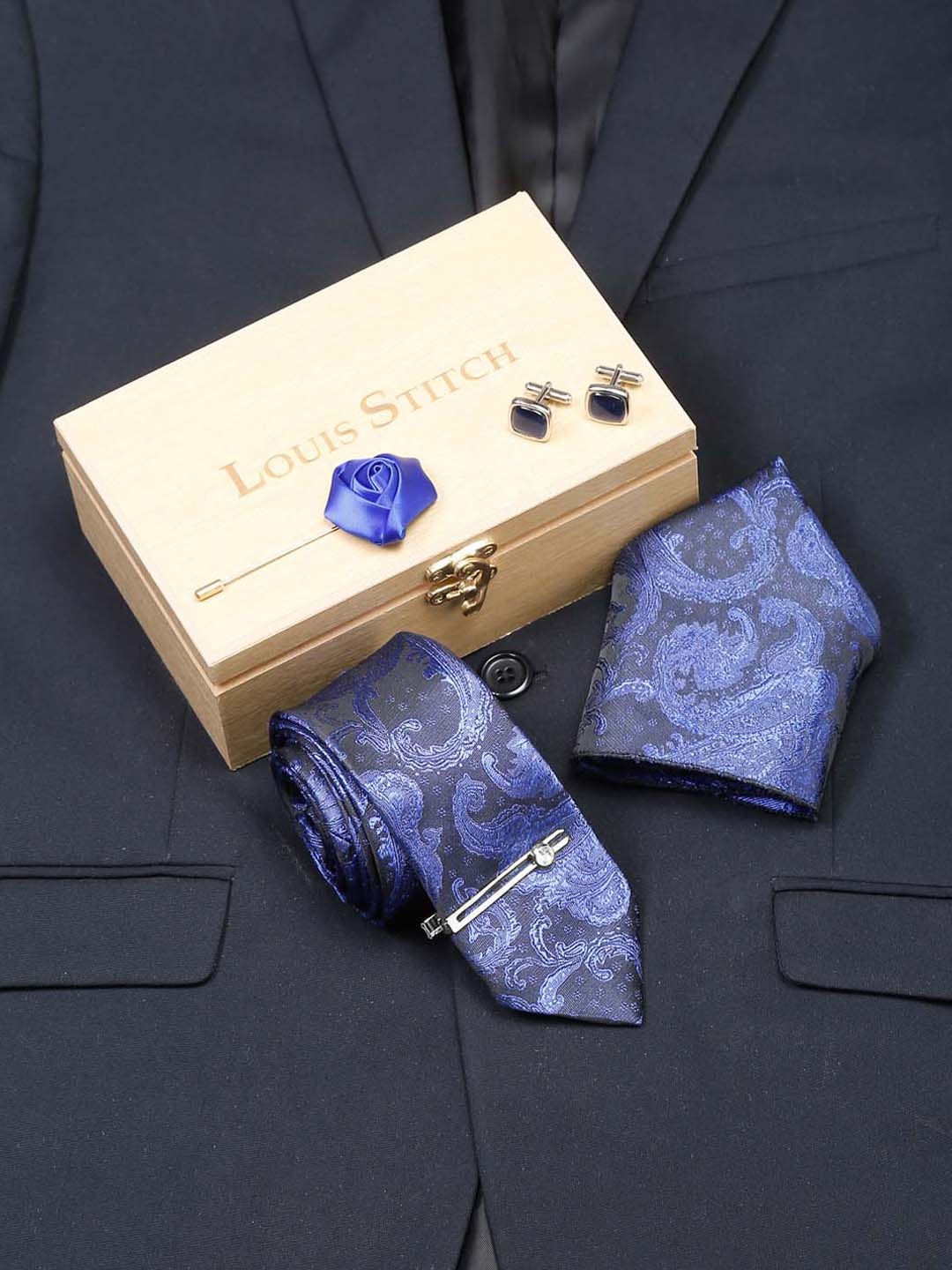 

LOUIS STITCH Men's Royal Blue Italian Silk Necktie Accessory Gift Set